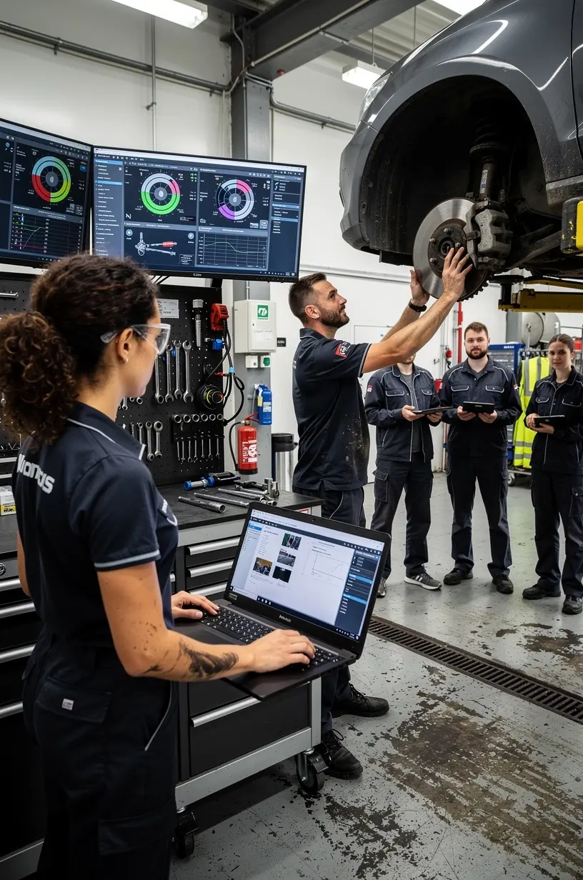 Oprava podvozku na zdviháku v modernom autoservise so zameraním na rýchlu a kvalitnú službu.