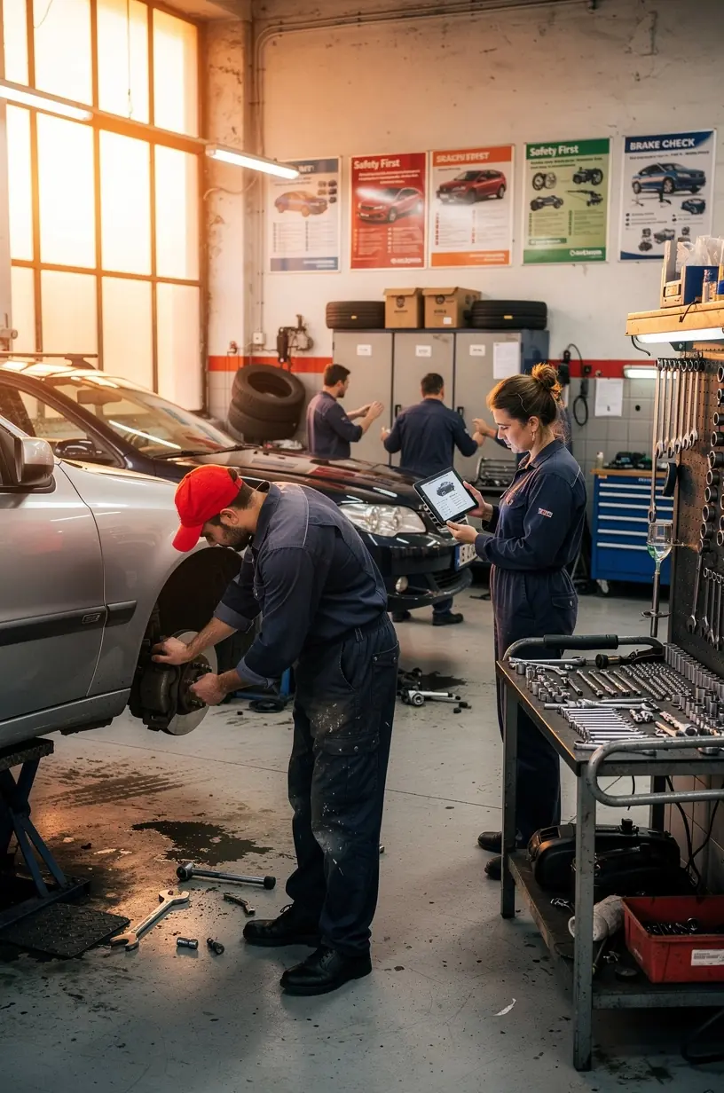 Detailný záber na podvozkové diely auta počas diagnostiky v autoservise na Slovensku.